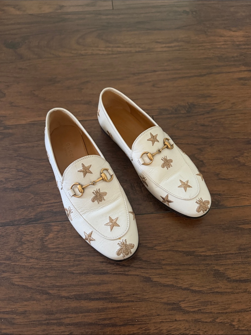 Gucci White Leather Horsebit Loafers with Gold Embroidery